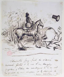 El caballo de George Sand mostrando sangre fría detrás del caballo tambaleante de Alfred de Musset